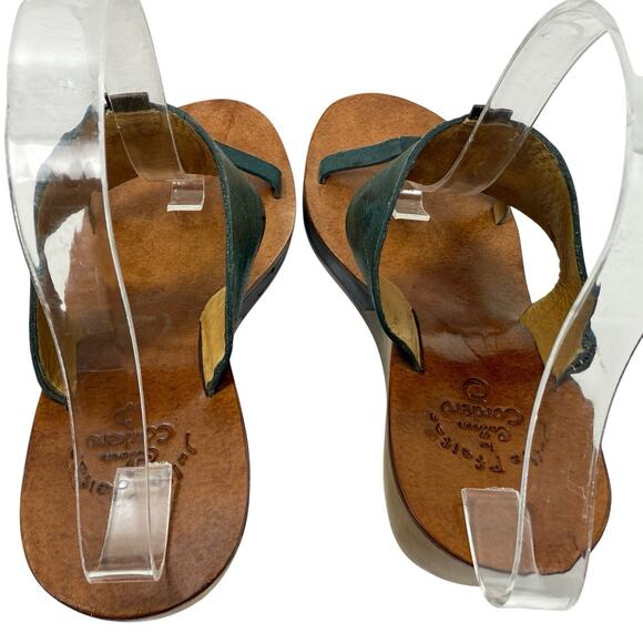 Calleen Cordero T Strap Platform Wedge‎ Wood Sandals Turquoise Concho Size 10 - Picture 7 of 10